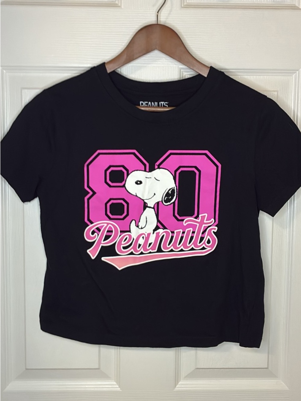 Peanuts Black Tee with Pink '80' and Snoopy Graphic